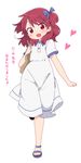  :d bag blush crossdressing dress full_body hair_ribbon heart highres long_hair looking_at_viewer male_focus one_side_up open_mouth original otoko_no_ko red_eyes red_hair ribbon sandals shoulder_bag smile solo translated white_dress yasakana_tooi 