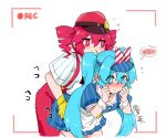  2girls alternate_costume blue_dress blue_eyes blue_hair blush dress drill_hair dry_humping gloves hatsune_miku humping kasane_teto long_hair mesmerizer_(vocaloid) multiple_girls nejikyuu pants pinstripe_dress pinstripe_pattern red_pants twintails vocaloid waitress yellow_gloves 