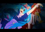  2girls apron arm_up black_necktie blue_dress blue_eyes bow buttons cloud collared_shirt despair double-breasted dress drill_hair eye_contact gloves hair_between_eyes hat hat_bow hatsune_miku hibana_art highres kasane_teto kepi looking_at_another looking_at_viewer mesmerizer_(vocaloid) military_hat multiple_girls necktie open_mouth pants pinstripe_dress pinstripe_pattern red_bow red_eyes red_hair red_hat red_pants sharp_teeth shirt short_sleeves solid_circle_eyes striped_bow striped_clothes teeth tongue tongue_out twin_drills utau visor_cap vocaloid waist_apron white_apron white_bow white_wrist_cuffs wing_collar wrist_cuffs yellow_gloves 