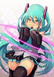  aqua_eyes aqua_hair boots commentary_request detached_sleeves fang fu-ta hands_on_own_cheeks hands_on_own_face hatsune_miku long_hair skirt solo thigh_boots thighhighs twintails very_long_hair vocaloid 