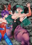  2girls ass bare_shoulders bat_wings blush breasts cameltoe cleavage defeated fingernails green_eyes green_hair grin heart_cutout large_breasts leotard lilith_aensland long_fingernails long_hair morrigan_aensland multiple_girls open_mouth pantyhose peeing peeing_self purple_hair red_eyes rolling_eyes runny_makeup ryona sharp_fingernails sharp_teeth shiny shiny_clothes shiny_hair small_breasts smile soramin speech_bubble stomach_punch succubus sweat tears text thighs tongue tongue_out translation_request vampire_(game) vomit wings 