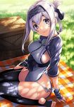  ainu_clothes bandana barefoot basket black_legwear blanket blush breasts checkered checkered_blanket commentary_request day folded_ponytail grass headband kamoi_(kantai_collection) kantai_collection kyon_(fuuran) large_breasts lips long_hair long_sleeves looking_at_viewer outdoors panties picnic_basket purple_eyes shade side-tie_panties sideboob sidelocks sitting smile solo thick_eyebrows thighhighs toeless_legwear toes tree_shade underwear wariza white_hair white_panties wrist_guards 