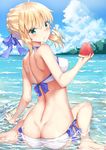  :t ahoge aqua_eyes artoria_pendragon_(all) artoria_pendragon_(swimsuit_archer) ass bangs barefoot bikini blonde_hair blue_ribbon blue_sky blush braid breasts butt_crack cloud day dimples_of_venus eating eyebrows_visible_through_hair fate/grand_order fate_(series) food food_on_face french_braid from_behind fruit hair_ribbon holding holding_food holding_fruit horizon looking_at_viewer looking_back medium_breasts ocean outdoors partially_submerged revision ribbon rong_yi_tan side-tie_bikini sidelocks sitting sky solo summer swimsuit wariza water water_gun watermelon wet 