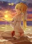  ahoge ass bangs beach bikini blonde_hair blush braid breasts cloud crystal_shoujo day fate/grand_order fate_(series) green_eyes hair_between_eyes hair_intakes hair_ribbon halterneck highres large_breasts long_hair looking_at_viewer looking_back navel nero_claudius_(fate)_(all) nero_claudius_(swimsuit_caster)_(fate) nose_blush ocean outdoors ribbon robe see-through side-tie_bikini sideboob sitting sky smile solo striped striped_bikini sunset swimsuit wariza water wet wet_clothes yellow_eyes 