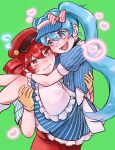  2girls apron black_choker blue_dress blue_eyes blue_hair blue_hat bow carrying choker dress drill_hair gloves hair_between_eyes hat hat_bow hatsune_miku highres kasane_teto kepi mesmerizer_(vocaloid) military_hat multiple_girls open_mouth pants pinstripe_dress pinstripe_hat pinstripe_pattern princess_carry red_bow red_eyes red_hair red_pants shirt short_sleeves smile smiley_hat_ornament striped_bow striped_clothes striped_shirt sugarsicksugar sweatdrop teeth twin_drills twintails utau vocaloid waist_apron white_apron white_bow white_shirt white_wrist_cuffs wrist_cuffs yellow_gloves yuri 