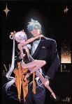  1boy 1girl absurdres bare_shoulders bb_(fate) bb_dubai_(fate) bb_dubai_(fate)_(cosplay) belly_chain black_dress black_suit bow bowtie breasts center_opening chain choco_(chocolate_shop) collared_shirt cosplay dress fate/grand_order fate_(series) forked_eyebrows gold_chain grey_eyes grey_hair hair_ribbon hair_rings high_heels highres jewelry legs long_hair long_sleeves looking_at_viewer melusine_(fate) necklace percival_(fate) ribbon scan shirt short_hair side_slit sidelocks size_difference small_breasts smile suit twintails very_long_hair white_hair white_shirt yellow_eyes yellow_ribbon 