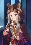  animal_ears blush brown_eyes cloak commentary_request ears_through_headwear erune finger_to_mouth granblue_fantasy grin hand_on_own_chest head_tilt hinami_(hinatamizu) long_hair looking_at_viewer md5_mismatch revision scathacha_(granblue_fantasy) silver_hair smile solo 