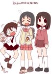  &gt;_&lt; 3girls :d azumanga_daioh azumanga_daioh&#039;s_school_uniform black_eyes black_hair black_necktie brown_eyes brown_hair crossover dagger disembodied_hand flying_sweatdrops full_body highres ikkyuu jumping kasuga_ayumu kill_me_baby knife multiple_girls necktie nichijou oribe_yasuna pink_serafuku pink_shirt plaid_clothes plaid_skirt pointing red_skirt school_uniform serafuku shinonome_nano shirt short_hair skirt smile socks standing tokisadame_school_uniform trait_connection weapon white_background white_socks winding_key yellow_shirt 