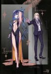  1boy 1girl absurdres bare_shoulders bb_(fate) bb_dubai_(fate) bb_dubai_(fate)_(cosplay) black_dress black_hair blonde_hair blue_hair bracelet breasts center_opening choco_(chocolate_shop) cleavage colored_inner_hair cosplay dress fate/grand_order fate_(series) full_body grey_eyes high_heels highres jewelry long_hair looking_at_viewer multicolored_hair necklace nude pelvic_curtain scan side_slit sidelocks small_breasts smile suit tenochtitlan_(fate) tezcatlipoca_(fate) 