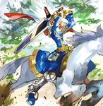  animal armor blue_eyes cape cosplay durandal_(fire_emblem) eliwood_(fire_emblem) eliwood_(fire_emblem)_(cosplay) fire_emblem fire_emblem:_fuuin_no_tsurugi fire_emblem:_rekka_no_ken fire_emblem_heroes headband horse male_focus noki_(affabile) red_hair roy_(fire_emblem) smile solo sword weapon 