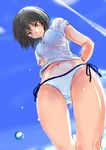  amagami arms_behind_back bikini black_hair brown_eyes cloud commentary day droplet from_below lens_flare light_smile looking_at_viewer murasaki_iro nanasaki_ai revision see-through shirt short_hair sky solo swimsuit wet wet_clothes wet_shirt white_bikini 