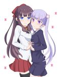  2girls ao_(korindou) blue_eyes blush breasts brown_hair interlocked_fingers large_breasts multiple_girls new_game! purple_eyes purple_hair small_breasts suzukaze_aoba takimoto_hifumi yuri 