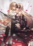  arm_support bare_shoulders blonde_hair blue_eyes chain collar commentary_request covered_nipples cowter duan_henglong elbow_gloves fate/grand_order fate_(series) fur_trim gloves headpiece high_heels highres jeanne_d'arc_(alter)_(fate) jeanne_d'arc_(fate) jeanne_d'arc_(fate)_(all) long_hair lying multiple_girls on_side petals plackart revision sitting smile standard_bearer thighhighs vambraces yellow_eyes yuri 