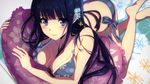  barefoot bikini black_hair blue_eyes blush breasts cleavage flower hair_flower hair_ornament highres ikawa_waki large_breasts long_hair mahouka_koukou_no_rettousei official_art shiba_miyuki smile solo swimsuit 