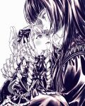  2girls blush bow check_copyright commentary copyright_request doll dress drill_hair english_commentary eye_contact greyscale hair_bow highres long_hair looking_at_another machihazure marionette monochrome multiple_girls original parted_lips puppet simple_background 