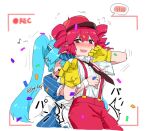  2girls alternate_costume blue_dress blue_eyes blue_hair blush dress drill_hair dry_humping gloves hatsune_miku humping kasane_teto long_hair mesmerizer_(vocaloid) multiple_girls nejikyuu pants pinstripe_dress pinstripe_pattern red_pants twintails vocaloid waitress yellow_gloves 