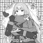  1girl :t artist_name belt bkornblume cake christmas christmas_stocking coat eating food food_on_face gingerbread_cookie gloves greyscale hands_up highres holding holding_plate holding_spoon long_hair merry_christmas monochrome plaid_background plate reindeer reverse:1999 rikini_sushi sam_browne_belt scarf solo spoon straight_hair upper_body very_long_hair 