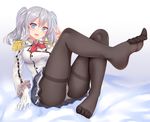  ass black_legwear blue_eyes blush breasts cang_se_ye_hua epaulettes feet frilled_sleeves frills full_body gloves highres kantai_collection kashima_(kantai_collection) kerchief legs legs_up long_sleeves looking_at_viewer medium_breasts military military_uniform miniskirt no_shoes panties panties_under_pantyhose pantyhose pleated_skirt silver_hair single_glove sitting skirt smile soles solo thighband_pantyhose toes twintails underwear uniform v wavy_hair white_gloves white_panties 