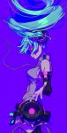  1girl aqua_hair arm_tattoo bare_shoulders black_sleeves black_thighhighs breasts closed_eyes detached_sleeves dress floating_hair foreshortening from_side grey_dress hatsune_miku hatsune_miku_(append) highres large_breasts long_hair long_sleeves number_tattoo open_mouth purple_background short_dress sideboob simple_background solo tattoo thighhighs twintails vocaloid vocaloid_append yoshioka_suke 