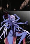  1girl absurdres bare_shoulders bb_(fate) bb_dubai_(fate) bb_dubai_(fate)_(cosplay) belly_chain black_dress blue_eyes blue_skin bracelet breasts center_opening choco_(chocolate_shop) cleavage colored_skin cosplay dress earrings extra_arms fate/grand_order fate_(series) hair_ribbon heart heart_hands highres jewelry kali_(fate) large_breasts long_hair looking_at_viewer navel necklace pelvic_curtain ribbon scan side_slit solo thighs third_eye underboob very_long_hair white_hair 