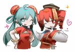  2girls black_hair blue_eyes bright_pupils chinese_clothes dress dress_shirt drill_hair hands_on_own_hips hat hatsune_miku highres index_finger_raised kasane_teto multiple_girls odochina_(vocaloid) ofuda ofuda_on_head one_eye_closed red_dress red_eyes shirt simple_background tanglaoban1225 tongue tongue_out twin_drills twintails utau vocaloid white_background white_pupils 