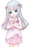  :d bangs bare_arms bare_shoulders blue_eyes blush bow breasts cleavage clenched_hands cowboy_shot dress eromanga_sensei eyebrows_visible_through_hair flower formal grey_hair hair_bow head_tilt izumi_sagiri jewelry layered_dress long_hair looking_at_viewer necklace open_mouth pearl_necklace pink_bow pink_dress pink_flower pink_rose rose simple_background sleeveless sleeveless_dress small_breasts smile solo standing tareme tengxiang_lingnai white_background 