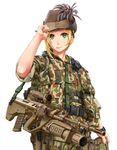  assault_rifle blonde_hair bullpup camouflage commentary cowboy_shot green_eyes grenade_launcher gun hand_on_headwear handgun hat hat_feather highres holster jpc load_bearing_vest military military_police military_uniform original pistol rifle simple_background slouch_hat smile soldier steyr_aug thigh_holster uniform watch weapon white_background wristwatch 