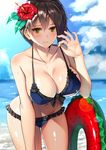  absurdres beach bikini black_hair blue_bikini blue_sky blush bow bow_bikini breasts cleavage closed_mouth cloud collarbone day flower flying_sweatdrops frilled_bikini frills hair_flower hair_ornament highres innertube kaga_(kantai_collection) kantai_collection large_breasts leaning_forward looking_at_viewer navel ocean outdoors revision short_hair sky smile solo standing suika_(atelier-yuu) sweat swimsuit wet yellow_eyes 