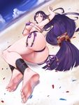  ass barefoot bikini blue_sky blush cloud commentary_request covered_nipples day dessert detached_sleeves fate/grand_order fate_(series) food kakumayu long_hair looking_at_viewer low-tied_long_hair lying minamoto_no_raikou_(fate/grand_order) minamoto_no_raikou_(swimsuit_lancer)_(fate) on_back purple_bikini purple_eyes purple_hair revision sky smile solo swimsuit very_long_hair 