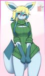  anthro blonde_hair blush bottomless breasts cleavage clothed clothing ear_piercing eeveelution eyewear fan_character female glaceon glasses green_eyes hair keyhole_turtleneck multicolored_hair nintendo piercing pok&eacute;mon pok&eacute;morph redwolfxiii simple_background solo sweater video_games white_background zelda_(winged_leafeon) 