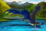  animal_genitalia day detailed_background dragon feral flying galidor-dragon grass male membranous_wings scarf sheath sky solo water wings 