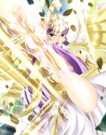  1girl armor armpits athena breasts dress feet fighting_stance green_eyes helmet highres kido_saori large_breasts leg_up legs light long_hair looking_at_viewer open_mouth purple_hair saint_seiya serious shiny shiny_armor shoulder_pads solo thighs white_dress wings yadokari_genpachirou 