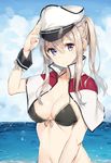  bikini black_bikini blonde_hair blue_sky breasts capelet cloud collarbone day graf_zeppelin_(kantai_collection) hair_between_eyes hat highres kantai_collection long_hair medium_breasts ocean peaked_cap purple_eyes rikoma sidelocks sky smile solo swimsuit twintails white_capelet wrist_cuffs 