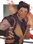  1boy absurdres arm_up black_gloves black_hair black_shirt brown_eyes commentary fingerless_gloves fire gloves hair_bun hashtag-only_commentary highres kuai_liang looking_at_viewer male_focus mask mortal_kombat_(series) mortal_kombat_1_(2023) mouth_mask ninja pereg1ne pyrokinesis scar scar_across_eye scar_on_face scorpion_(mortal_kombat) shirt single_hair_bun sleeveless solo upper_body whip yellow_mask yellow_shirt 