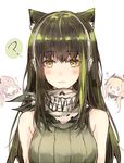  :3 ? animal_ears bandana bare_shoulders black_hair blonde_hair blue_eyes blush blush_stickers cat_ears commentary doodle english_commentary girls_frontline gradient headphones jitome kvlen looking_at_viewer low_twintails m4_sopmod_ii_(girls_frontline) m4a1_(girls_frontline) multiple_girls open_mouth red_eyes ribbed_shirt shirt sleeveless sleeveless_shirt smile spoken_question_mark st_ar-15_(girls_frontline) twintails upper_body yellow_eyes 