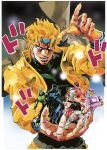  6+boys ark_nemesis black_shirt blonde_hair blue_gakuran dio_brando green_gakuran green_hair green_headband grey_pants hat headband highres in_palm jacket jean_pierre_polnareff jojo_no_kimyou_na_bouken joseph_joestar joseph_joestar_(old) kakyoin_noriaki kujo_jotaro mohammed_avdol multiple_boys pants purple_hat purple_shirt shirt stardust_crusaders time_stop white_hair yellow_jacket za_warudo 