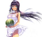  :o antenna_hair bad_id bad_pixiv_id bangs bare_arms bare_shoulders blue_eyes blush breasts cleavage cowboy_shot dark_skin dress floating_hair food fruit gorua_(youce01) hairband large_breasts long_hair looking_at_viewer original purple_hair revision sidelocks solo sundress watermelon wet wet_clothes wet_dress white_dress yuurika_(gorua) 