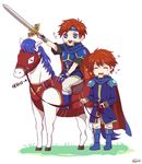 armor blue_eyes cape chibi closed_eyes dress eliwood_(fire_emblem) father_and_son fire_emblem fire_emblem:_fuuin_no_tsurugi fire_emblem:_rekka_no_ken fire_emblem_heroes horse kazame male_focus multiple_boys open_mouth red_hair roy_(fire_emblem) short_hair simple_background smile weapon 