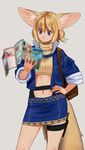  animal_ears bangs blonde_hair blue_eyes blue_skirt closed_mouth commentary_request contrapposto eyebrows_visible_through_hair grey_background hand_on_hip highres holding holster jacket map mira_(nashigaya_koyomi) nashigaya_koyomi navel open_clothes open_jacket original pencil_skirt short_hair short_twintails simple_background skirt sleeves_rolled_up solo standing tareme thigh_holster thigh_strap twintails 