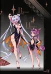  2girls absurdres bare_shoulders bb_(fate) bb_dubai_(fate) bb_dubai_(fate)_(cosplay) black_dress blue_eyes blush bracelet breasts britomart_(fate) center_opening choco_(chocolate_shop) cleavage cosplay double_bun dress fate/grand_order fate_(series) full_body grey_hair habetrot_(fate) hair_bun hairband high_heels highres jewelry large_breasts long_hair looking_at_viewer multiple_girls navel necklace open_mouth pelvic_curtain pink_hair pointy_ears red_eyes scan side_slit sidelocks small_breasts smile twintails very_long_hair 