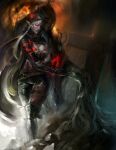  1girl belt belt_boots belt_buckle black_boots black_thighhighs blood blood_on_breasts bodystocking boots braid breasts buckle cape cleavage cloak cross dark-skinned_female dark_skin death death_(entity) dual_wielding dungeon_and_fighter floral_print flower grim_reaper holding holding_hands hood hooded_cloak knife large_breasts leather leather_boots pointy_ears red_eyes rose rose_print shadow_dancer_(dungeon_and_fighter) simple_background skeleton smile thief_(dungeon_and_fighter) thigh_boots thighhighs torn_cape torn_clothes turtleneck twin_braids weapon weapon_in_garters white_hair 