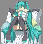  aqua_eyes aqua_hair boots chair detached_sleeves grey_background hatsune_miku knees_up long_hair looking_at_viewer necktie panties pantyshot pantyshot_(sitting) sitting skirt solo striped striped_panties thigh_boots thighhighs twintails underwear very_long_hair vocaloid you_(maumauyo) 