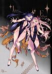  2girls absurdres bare_shoulders bb_(fate) bb_dubai_(fate) bb_dubai_(fate)_(cosplay) belly_chain black_dress black_hair blonde_hair blush bracelet breasts center_opening choco_(chocolate_shop) cleavage cosplay dress earrings ereshkigal_(fate) fate/grand_order fate_(series) full_body hair_ribbon high_heels highres ishtar_(fate) jewelry long_hair looking_at_viewer medium_breasts multiple_girls necklace nude open_mouth parted_bangs red_eyes ribbon scan siblings side_slit sisters two_side_up 