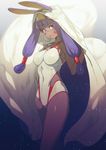  animal_ears bangs bed_sheet blush breasts dark_skin earrings facial_mark fate/grand_order fate_(series) hairband hoop_earrings jackal_ears jewelry large_breasts long_hair necklace nitocris_(fate/grand_order) nitocris_(swimsuit_assassin)_(fate) one-piece_swimsuit open_mouth purple_eyes purple_hair rano solo swimsuit very_long_hair white_swimsuit 