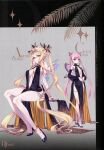  2girls absurdres aurora_(fate) bare_shoulders bb_(fate) bb_dubai_(fate) bb_dubai_(fate)_(cosplay) belly_chain black_dress blonde_hair blush bracelet breasts center_opening choco_(chocolate_shop) circlet cleavage coral_(fate) cosplay dress fairy fairy_wings fate/grand_order fate_(series) full_body high_heels highres jewelry large_breasts looking_at_viewer multiple_girls necklace pelvic_curtain pink_eyes pink_hair pointy_ears scan side_slit small_breasts twintails wings yellow_eyes 
