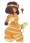  ? alternate_costume ass back bandages bangle bangs blunt_bangs blush bob_cut bracelet breasts butt_crack dark_skin egyptian eyebrows_visible_through_hair from_behind green_eyes hair_ornament highres jewelry looking_at_viewer looking_back menat mummy nkrooster no_panties open_mouth purple_hair short_hair simple_background small_breasts solo street_fighter street_fighter_v white_background 