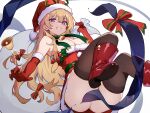  bare_shoulders bell blonde_hair blush breasts chikuzen1996 christmas cleavage convenient_censoring dress elbow_gloves gap_(touhou) gloves hair_between_eyes hair_ribbon hat highres holding holding_sack jingle_bell large_breasts long_hair looking_at_viewer neck_bell no_panties purple_eyes ribbon sack santa_costume santa_dress santa_hat smile thighhighs touhou very_long_hair yakumo_yukari 