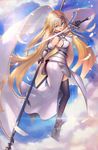  armor armored_dress blue_eyes blue_sky breasts cloud commentary_request day detached_sleeves duan_henglong fate/apocrypha fate/grand_order fate_(series) gloves hair_between_eyes headphones highres jeanne_d'arc_(fate) jeanne_d'arc_(fate)_(all) large_breasts long_hair looking_at_viewer revision sideboob skindentation sky standard_bearer sword thighhighs thighs weapon 