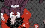  1girl black_hair blood closed_eyes commentary_request death dress exposed_brain garasu_no_mukuro medium_hair pavement pc-98_(style) pool_of_blood solo suicide upper_body yukiyoshi 