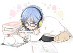  :3 ^_^ blue_eyes blue_hair blush book book_stack cat closed_eyes closed_mouth fate/extra fate/extra_ccc fate_(series) hans_christian_andersen_(fate) headphones male_focus open_book poking seiza sino_(sionori) sitting sleeping solo sweatdrop 